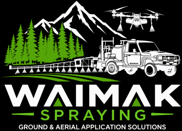Logo showing trees, mountains, a spraying truck, and a drone above the text “WAIMAK SPRAYING Ground & Aerial Application Solutions” on a black background.