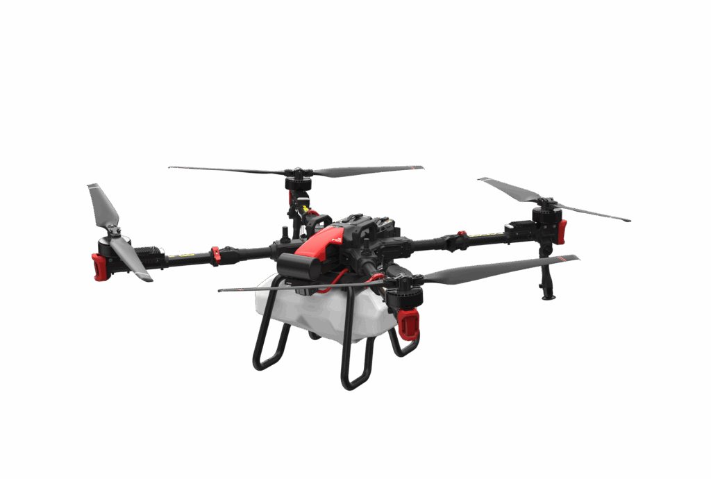 XAG drone with red and black components, featuring four rotors and landing gear, equipped with a white underbelly housing.