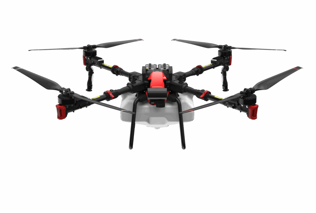 A black and red XAG drone with a central white container, featuring four rotors and sturdy landing gear, viewed from the front.