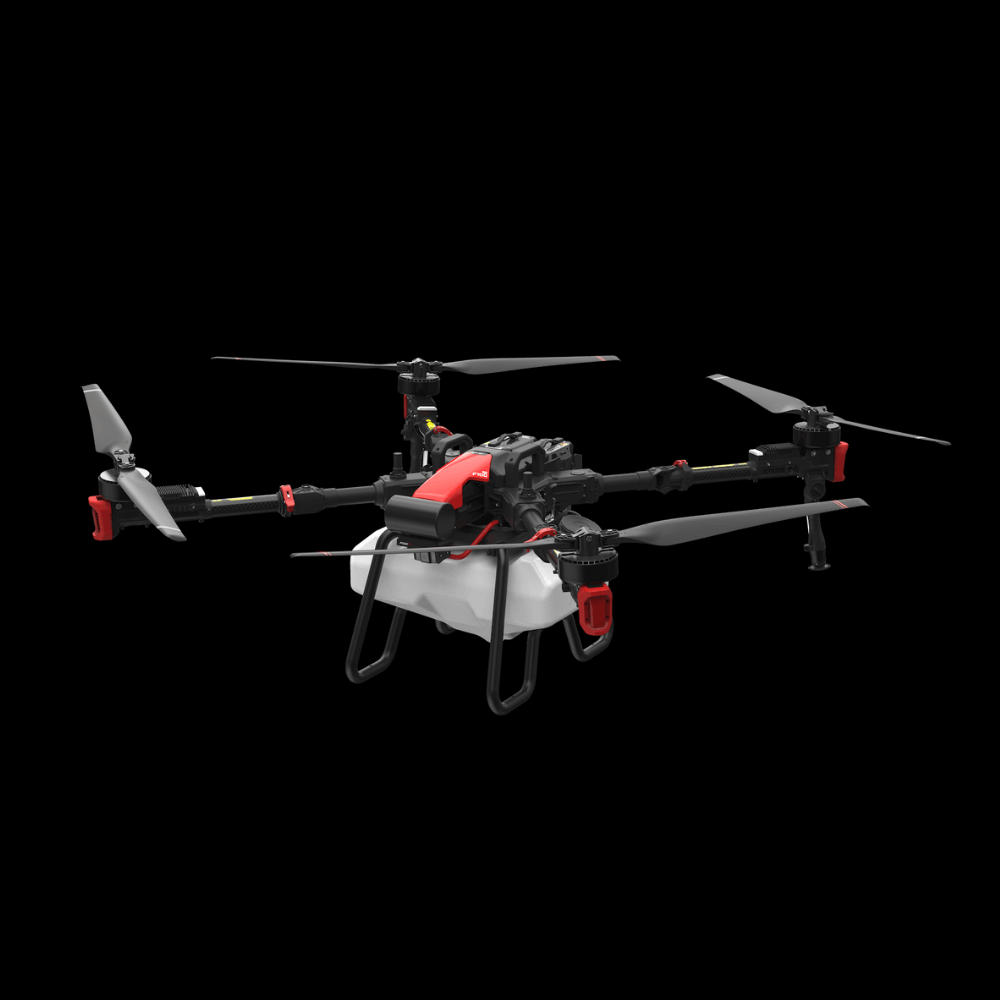 A red and black XAG agricultural drone equipped with a spray tank and rotors, designed for crop spraying, against a black background.
