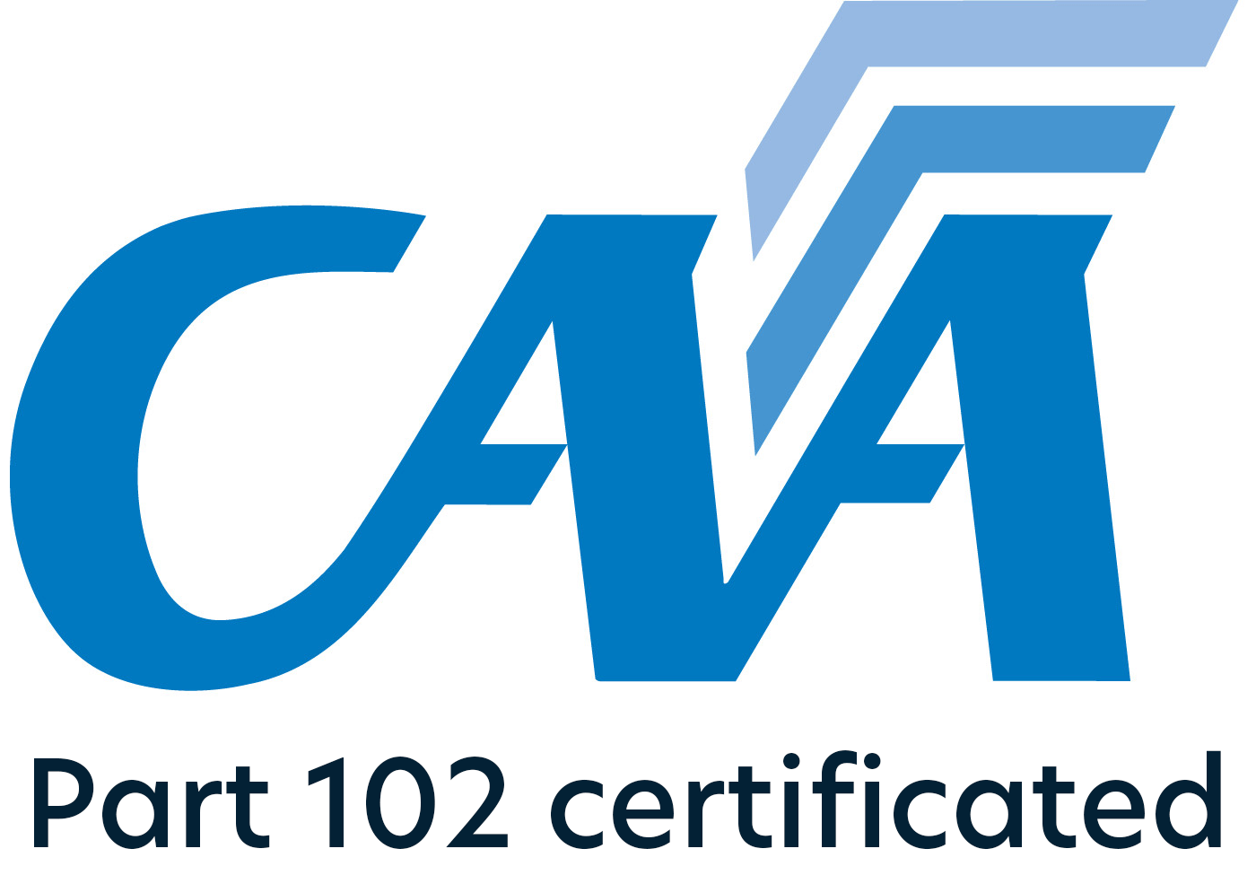 Logo for "CAA Part 102 certificated" featuring large blue "CAA" letters with stylized lines above and text below.